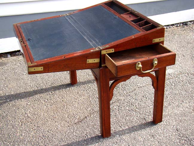 A Wonderful brass bound 'Campaign' style mahogany lap desk circa 1830 on a custom made stand — image 6